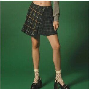 Anthropologie Mare Asymmetrical Green Yellow Tartan Plaid Pleated Mini Skirt M
